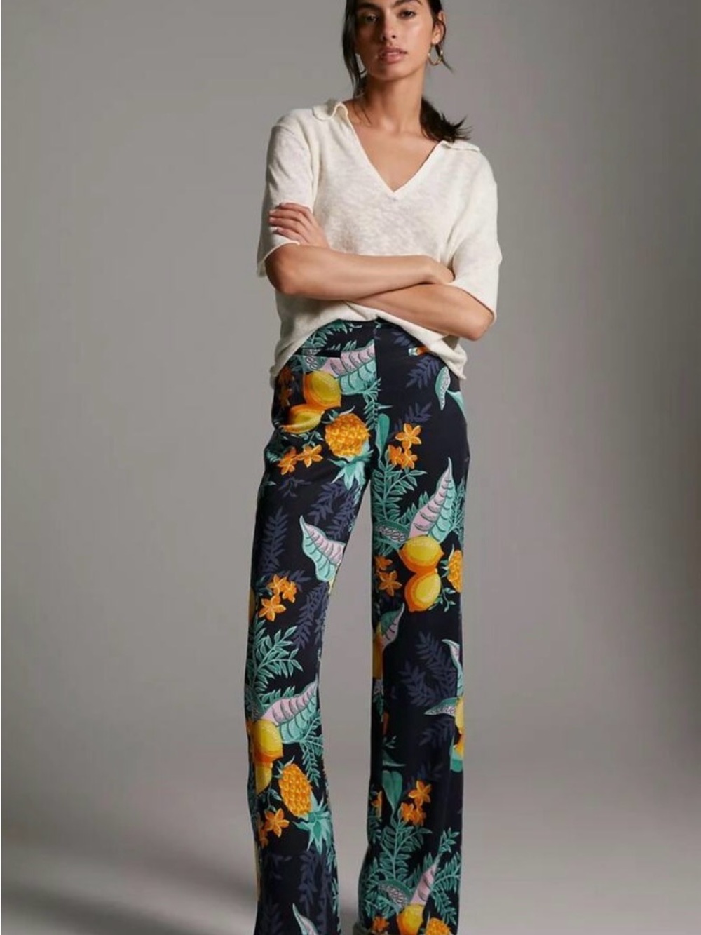 Anthropologie Navy Wide-Leg Pants with Yellow & Teal Floral Print